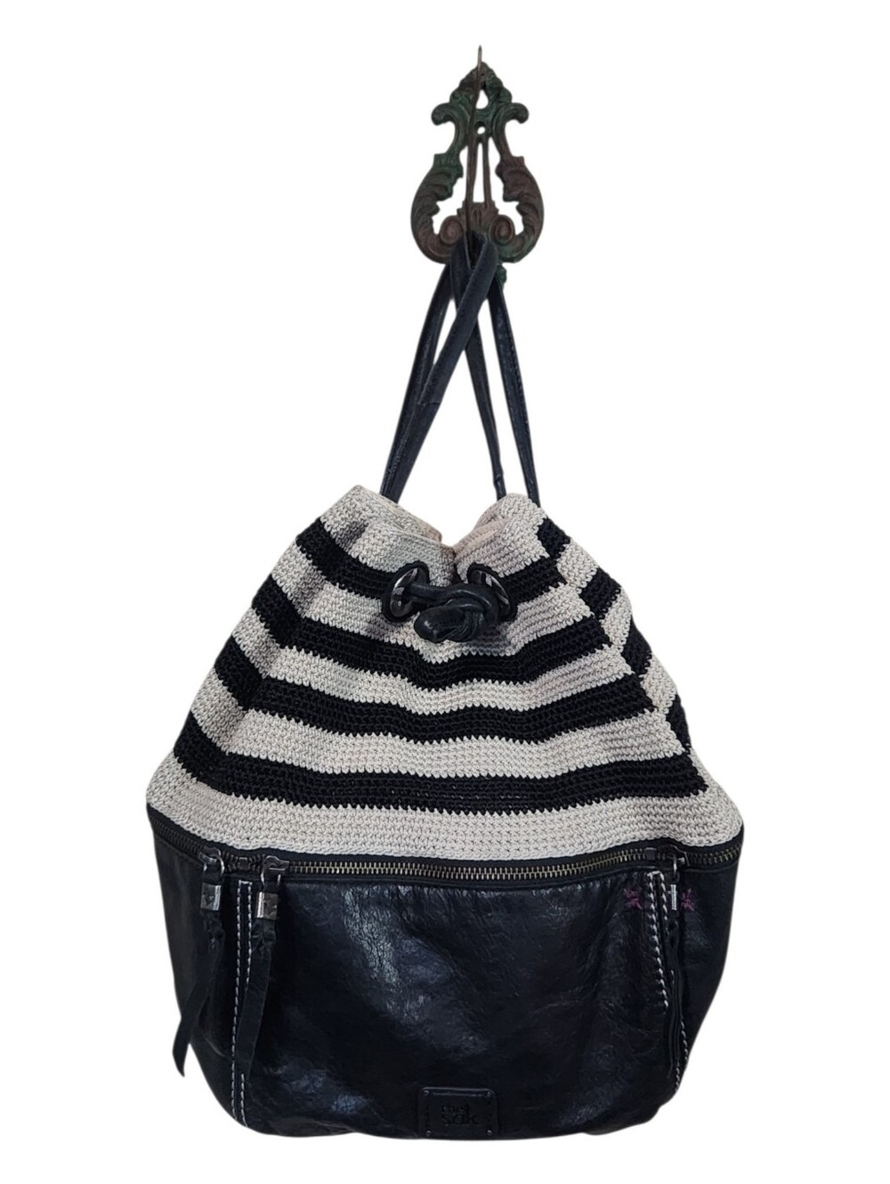 The Sak Leather & Crocheted Black and Cream Striped Women's Backpack EUC